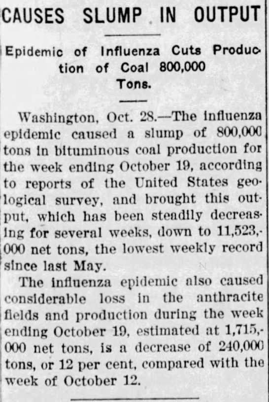 As now, not just service industries were affected by the epidemic. Production of bituminous coal slumped drastically in October of 1918.(Stevens Point Journal, 10/28/1918)