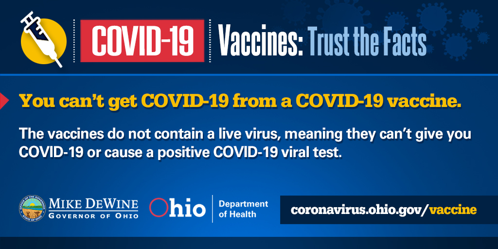 GovMikeDeWine's tweet photo. You can’t get COVID-19 from a #COVID19 vaccine. Having symptoms like fever or soreness after you get a vaccine is a normal sign that your immune system is learning to fight the virus. https://t.co/wfQjytm5nb https://t.co/hyxwJQ5ikt