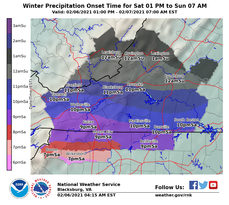 KevinMyattWx's tweet photo. Approximate onset time for snow from @NWSBlacksburg. Some rain/sleet mix may precede snow, especially in slightly warmer lower elevations. It won't take long to snow given cold air aloft, and it will start sticking on roads pretty fast with moderate-heavy snow near 32 degrees. https://t.co/XFF7SgjCx3