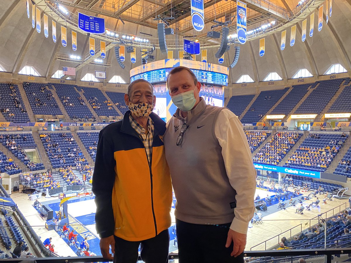LyonsShane_ATH's tweet photo. Pretty cool to have Levi Phillips at today’s @WVUhoops game - the place where he scored the first basket in #Coliseum50 history! https://t.co/K52IsEBt3u