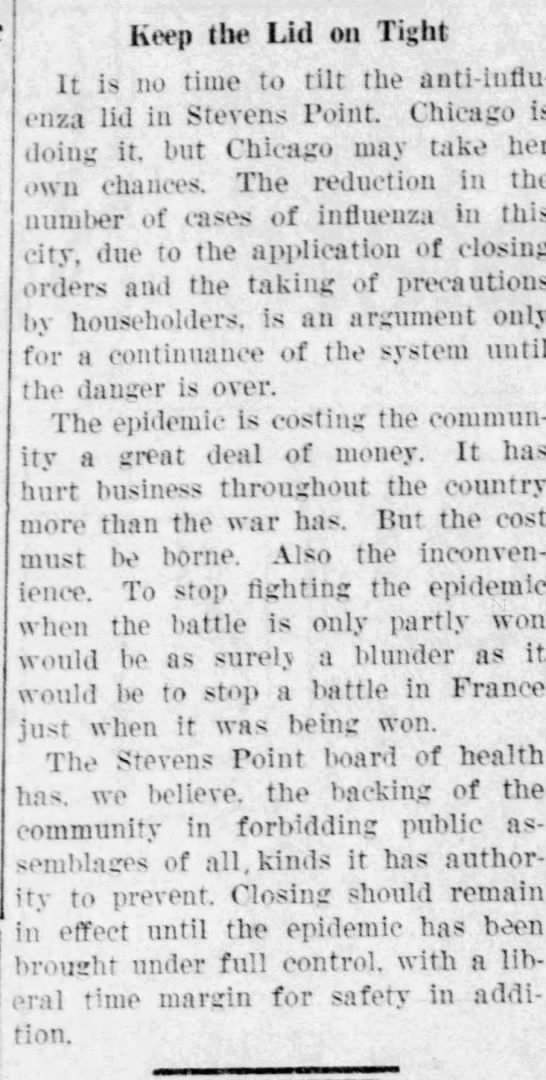 Public support in the city of Stevens Point was still strong two weeks in to "keep the lid on," despite the financial sacrifice for businesses. (Stevens Point Journal, 10/30/1918)