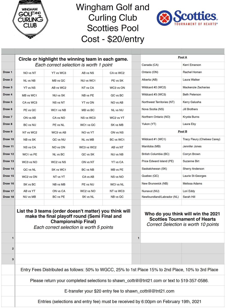 Hey everyone, we are running another fun fundraiser for <a href="/WinghamGolfCurl/">Wingham Golf/Curling</a> 

Scotties pool and anyone is welcome.  Print the attached form and return it with your selections.

Cost is $20, reach out with any questions or if you would like a PDF of the selection form.