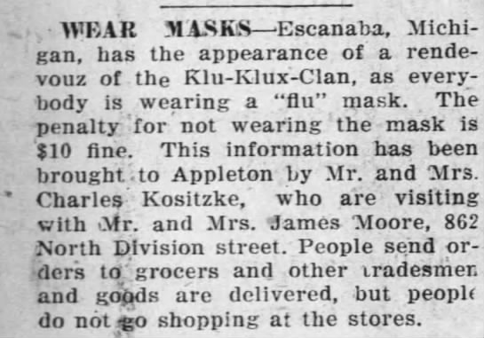 The connection people saw between the Ku Klux Klan and masks is stark. (Appleton Post Crescent, 11/8/1918)(Appleton Post Crescent, 12/18/1918)