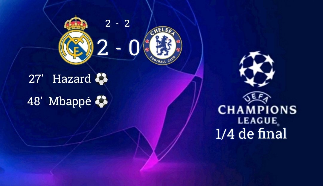 RUnifut's tweet photo. Vuelta 1/4 Champions League🇪🇺⭐.
🏟️ Stanford Bridge (London)🏴󠁧󠁢󠁥󠁮󠁧󠁿
🔵🔵Chelsea 0-2 Real Madrid⚪⚪

Goles:
⚽ Odegaard (Vinicius Jr)  2'
⚽ Mbappé (Odegaard)    55'

Tarjetas:
🟨 Neymar y S. Ramos.

Cambios:
Milinkovic S. 🔄 Hazard
Rodrygo       🔄 Vinicius Jr
J. Bernat     🔄 Mendy https://t.co/I8krzwIJ0x