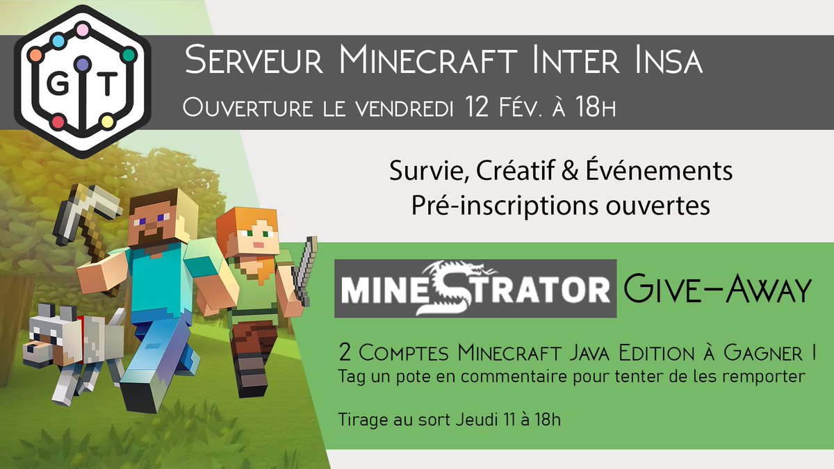 gaming_insa's tweet photo. On ouvre notre serveur minecraft en partenariat avec @minestrator_ !

On vous offre deux compte minecraft sur notre page facebook, allez voir !

Pour vous faire whitelister, c'est juste là : https://t.co/RzLpqZ0xvJ https://t.co/Np05cx8Wy2