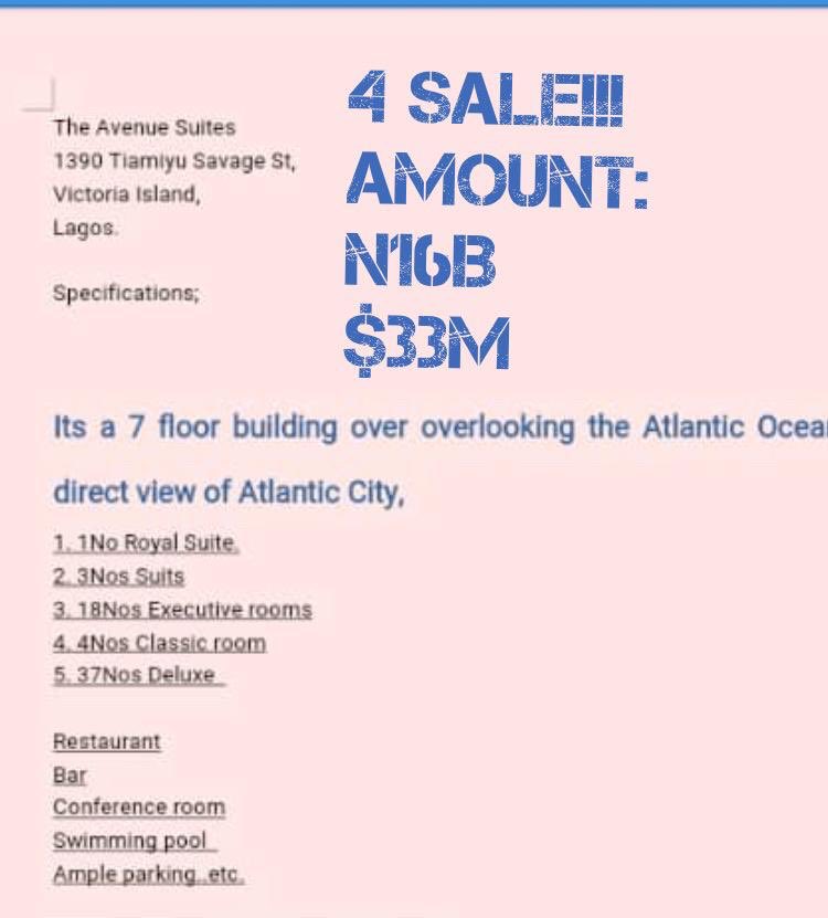 applepine_ent's tweet photo. Five Star Hotel For Sale at Victoria Island, Lagos :: Price N16Billion / $33 Million:
Hotel is facing the Atlantic Ocean https://t.co/c6Wns66cbb