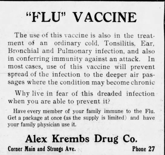 An advertisement for a flu vaccine from the local drug store, less than two months after influenza became widespread throughout the state. (Stevens Point Journal, 11/20/1918)