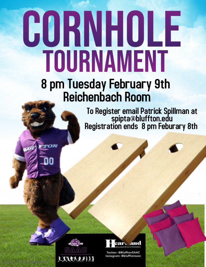 BlufftonSAAC's tweet photo. The event you guys always ask for.....SAAC is hosting a Cornhole Tournament next Tuesday (2/9) at 8:00pm in the Reichenbach Room in Sommer Center! Please sign up/email your teams to Patrick Spillman by 8:00pm on Monday (2/8). https://t.co/3gyJhSYAbG