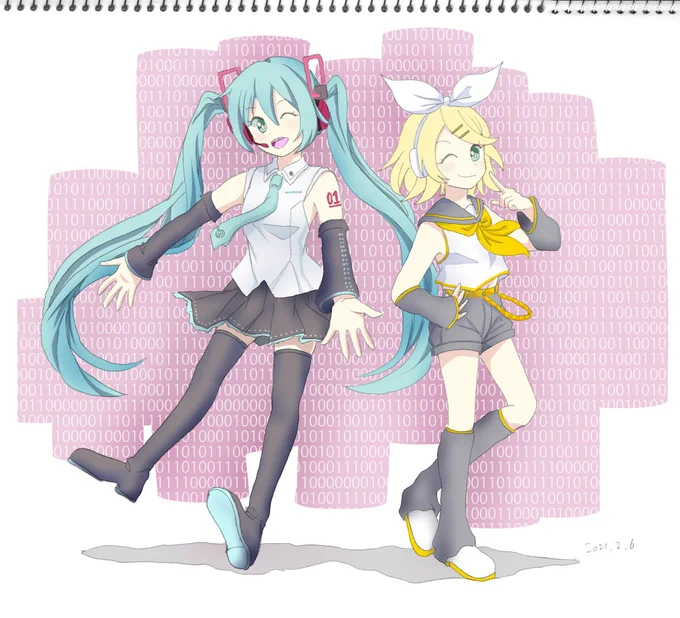 昨日の練習絵を晒します。そういえばボカロ描いたことなかったなぁと思いながらメインの二人を。#イラスト練習 #絵練習 #初音ミク #鏡音リン 