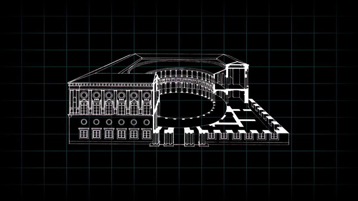 La planta del palacio la conforma un cuadrado perfecto de 63 m de lado con un patio circular inscrito en su interiorEsta disposición, principal rasgo manierista del palacio, no tiene precedentes en la arquitectura del Renacimiento,