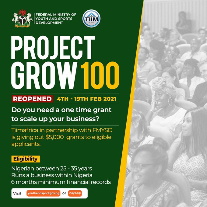 Jobswithdexa's tweet photo. #ProjectGrow100: FG's $5000 USD Grant Application in partnership with TiimAfrica, reopened and Extened for supplementary applications.
Apply Now!!! 👇
https://t.co/1FoP0j87Pf https://t.co/C9302dfdCj