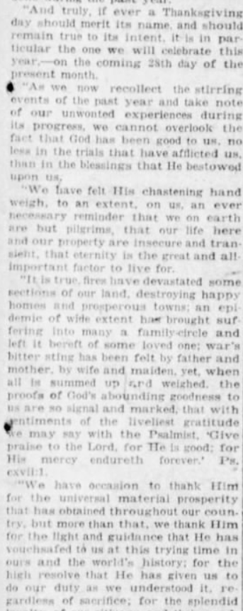 "An epidemic of wide extent has brought suffering into many a family circle and left it bereft of some loved one." Bishop Rhode of the Diocese of Green Bay shares his thoughts on Thanksgiving Day.(Green Bay Press-Gazette, 11/25/1918)