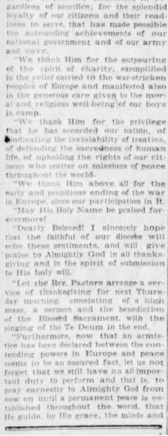 "An epidemic of wide extent has brought suffering into many a family circle and left it bereft of some loved one." Bishop Rhode of the Diocese of Green Bay shares his thoughts on Thanksgiving Day.(Green Bay Press-Gazette, 11/25/1918)