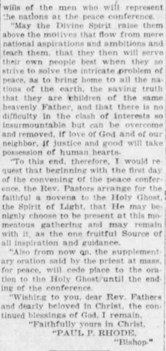 "An epidemic of wide extent has brought suffering into many a family circle and left it bereft of some loved one." Bishop Rhode of the Diocese of Green Bay shares his thoughts on Thanksgiving Day.(Green Bay Press-Gazette, 11/25/1918)