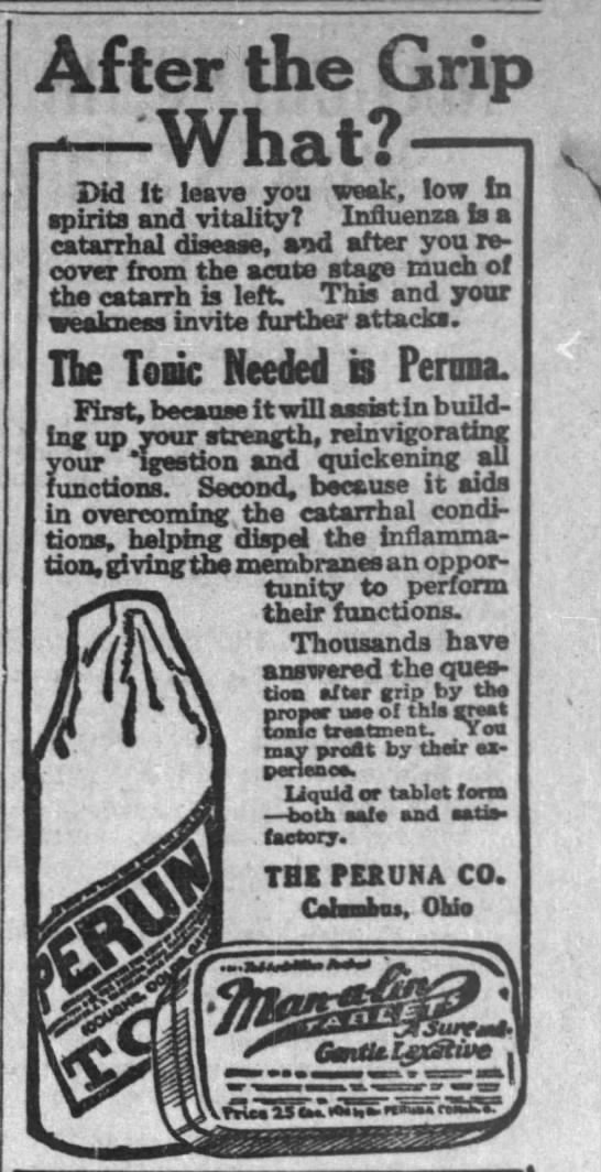 Advertisements for cures, preventatives, and supplements proliferated. (Marshfield News, 11/28/1918)(Oshkosh Northwestern, 12/10/1918)(Oshkosh Northwestern, 5/23/1919)(Stevens Point Journal, 11/14/1919)