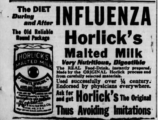 Advertisements for cures, preventatives, and supplements proliferated. (Marshfield News, 11/28/1918)(Oshkosh Northwestern, 12/10/1918)(Oshkosh Northwestern, 5/23/1919)(Stevens Point Journal, 11/14/1919)
