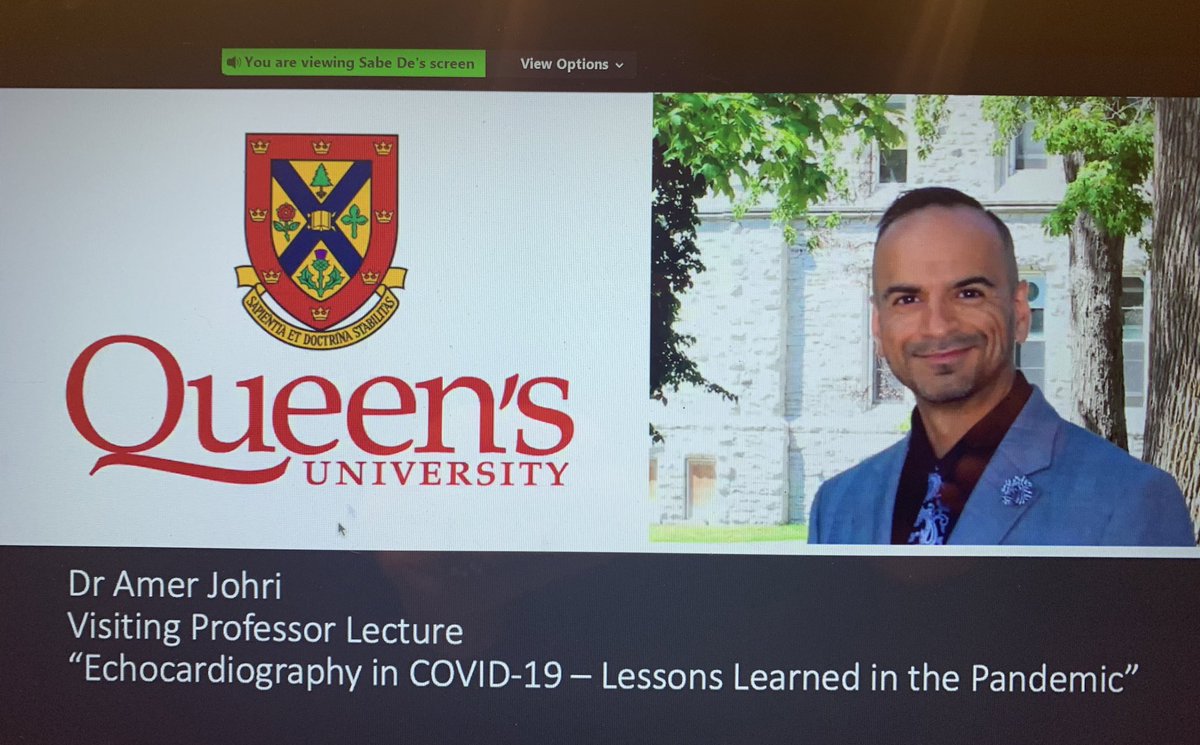HeartDocSharon's tweet photo. Awesome presentation from @amerjohri @queensu reporting on #EchoFirst findings in #COVID19 spanning the first patients in Wuhan to recent case series reports, and central role of #POCUS, future applications of #AI, #teleguidance @westernu @sabede ~2/3 COVID in-pts have🫀findings https://t.co/jfE6E7BQ9O