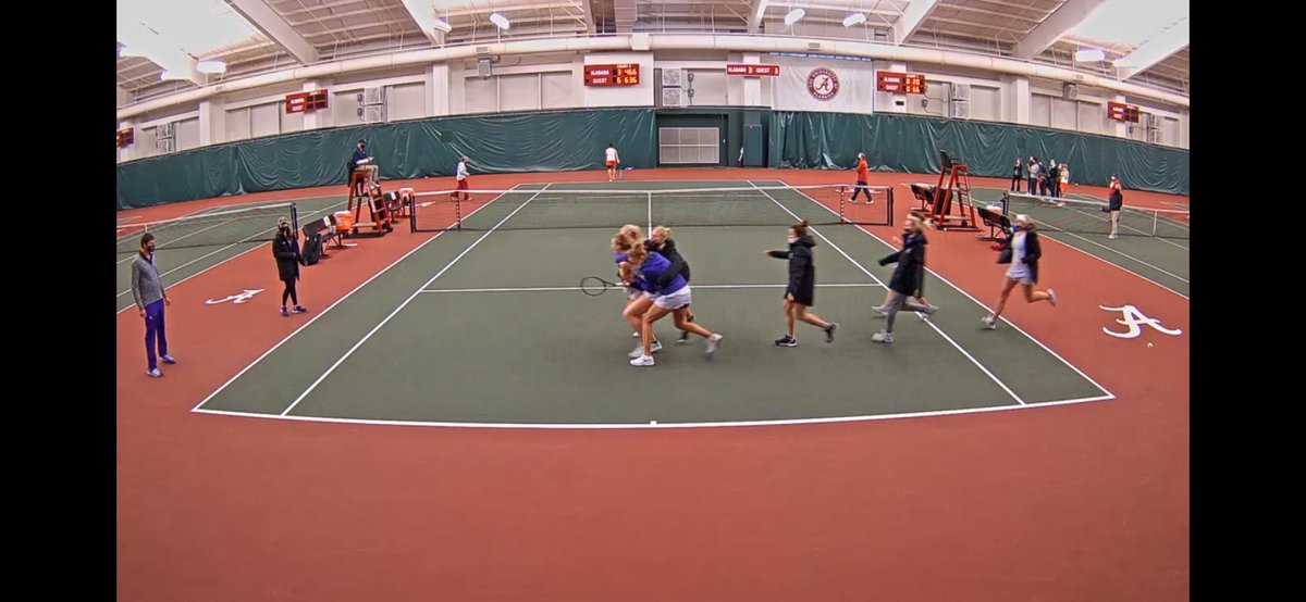 FurmanWTennis's tweet photo. Paladins celebrate their first win over an SEC opponent since 2008, when Furman also defeated Alabama. https://t.co/Ci9fNPGJUQ
