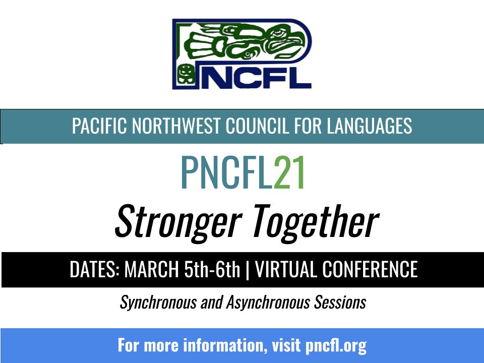 #langchat PNCFL's Spring Conference registration is open &amp;  FREE for members of PNCFL state org. $25 non-member
pncfl.wordpress.com/pncfl-conferen…
wflta.com
montanalanguageteachers.org
iatlc.org
waflt.net aflaalaska.org
cofltoregon.org