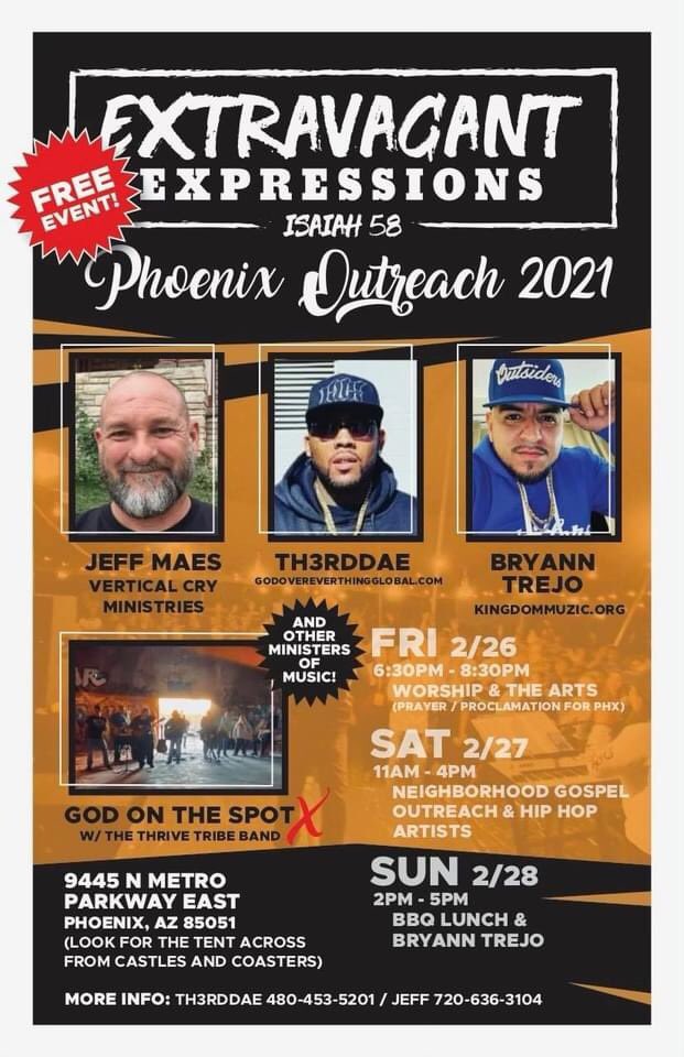 HolyGhostRidaz's tweet photo. 3 Weeks Away!!! Extravagant Expressions Phoenix Outreach Featuring Jeff Maes, Th3rd Dae, Brian Trejo, Holy Ghost Ridaz, And Much Much More.... Come Out And Join Us Fam As We Unite Together To Spread The Name Of Jesus To The City 🙏🏼 #HolyGhostRidaz #HolyGhostRidazTour https://t.co/qXfF7QTOPB