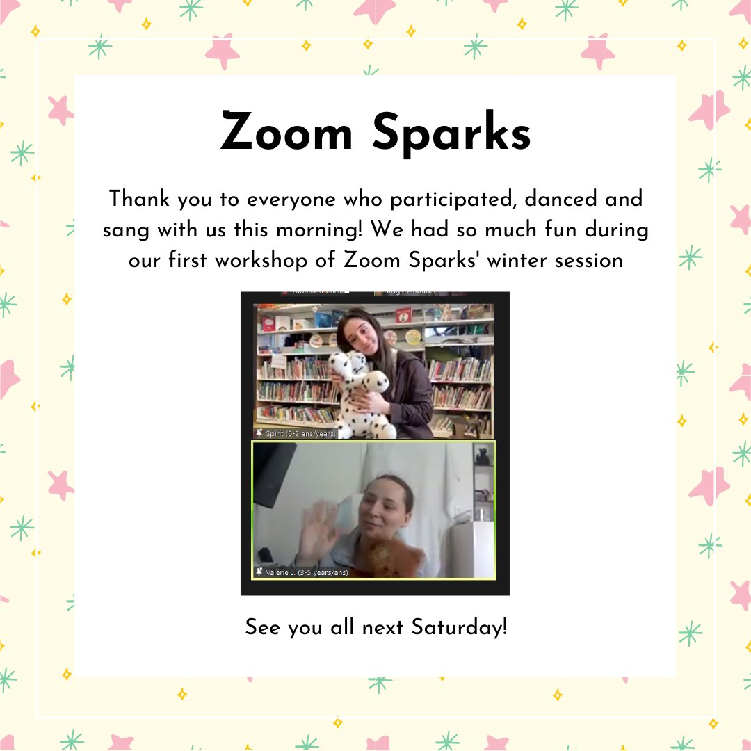 MCLBJM's tweet photo. We still have some spots available for our Zoom Sparks winter session. If you'd like to register, contact us at 514-276-7309 or by email at info@mcl-bjm.ca #songs #nurseryrhymes #libraries #families https://t.co/gOAxRbjqwW