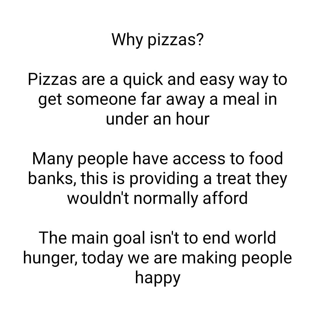 FreePizzaAngels's tweet photo. If you need a meal, reply to the last tweet in this thread "#TheFreePizzaDude I could use a meal today" and say your country. People outside the US generally need to be matched with an Angel of the same country

This is honor system, so please allow the people in need to request https://t.co/uFkCTSeIBw