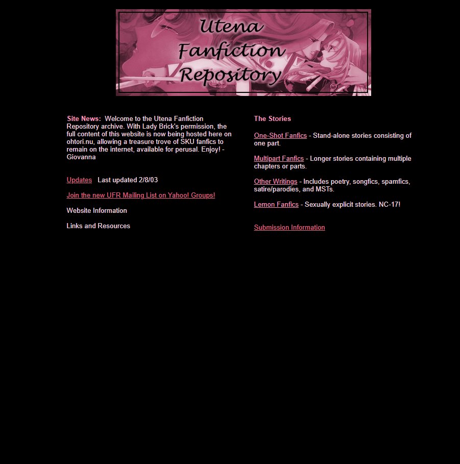 Another popular site compiled fanfics. The Utena Fanfiction Repository had some cross-over with LiveJournal (which I honestly was never on, but did have a significant Utena presence in the early 00s)--this is also down now, but hosted with permission:  http://ufr.ohtori.nu/ 