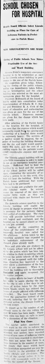 Stevens Point set up a temporary emergency hospital at Lincoln School. (12/6/1918)