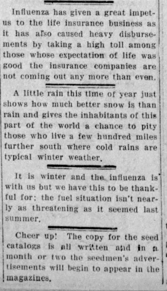 More quips and jokes from the newspapers:(Wausau Daily Herald, 12/10/1918)(Green Bay Press-Gazette, 12/18/1918)(Iron County Miner, Hurley, 12/20/1918)