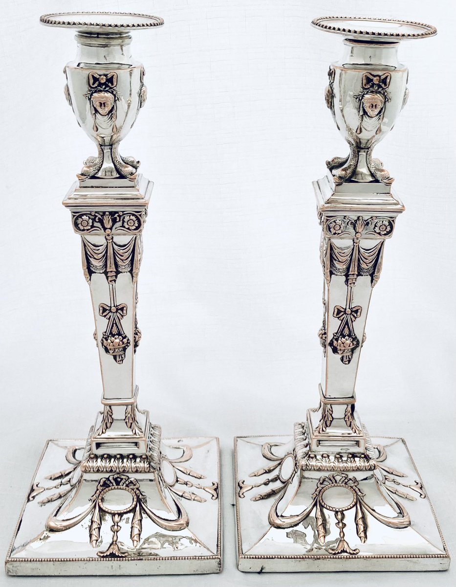 BassetlawA's tweet photo. A pair of George III Neo-Classical Old Sheffield Plate candlesticks, circa 1770. #antiques #Georgian #OldSheffieldPlate https://t.co/kdK4S7UsJH