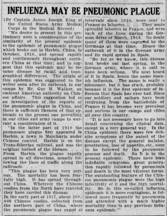 People hypothesized (mostly incorrectly) about the origins of the flu. This doctor thought it might be the pneumonic plague in a new form. (Wausau Daily Herald, 12/10/1918)