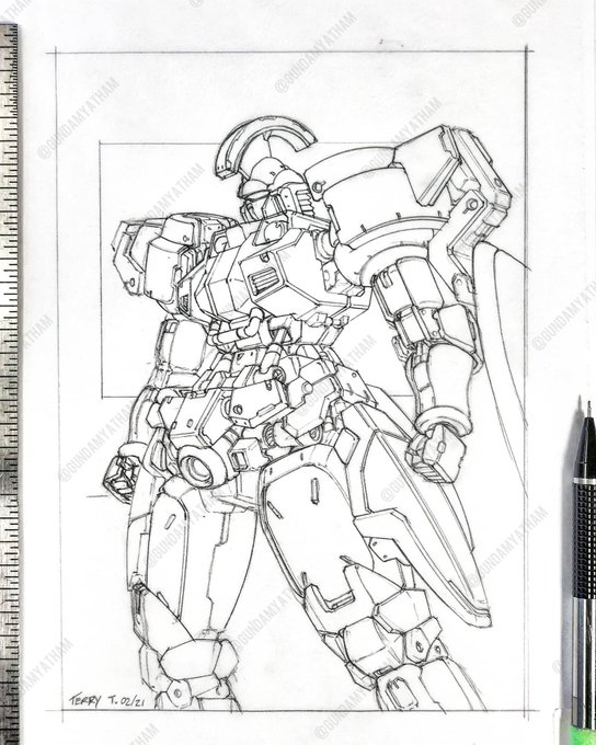 Tallgeese commission work in progress - pencil sketch done. Next step, final linework with pen and ink. Ps. For reference, the actual size for the area represented in the close up photo is 2"x1.5"

Drawing size: 5"x7", pencil on paper. 