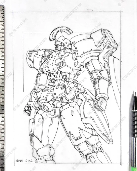 Tallgeese commission work in progress - pencil sketch done. Next step, final linework with pen and ink. Ps. For reference, the actual size for the area represented in the close up photo is 2"x1.5"

Drawing size: 5"x7", pencil on paper. 