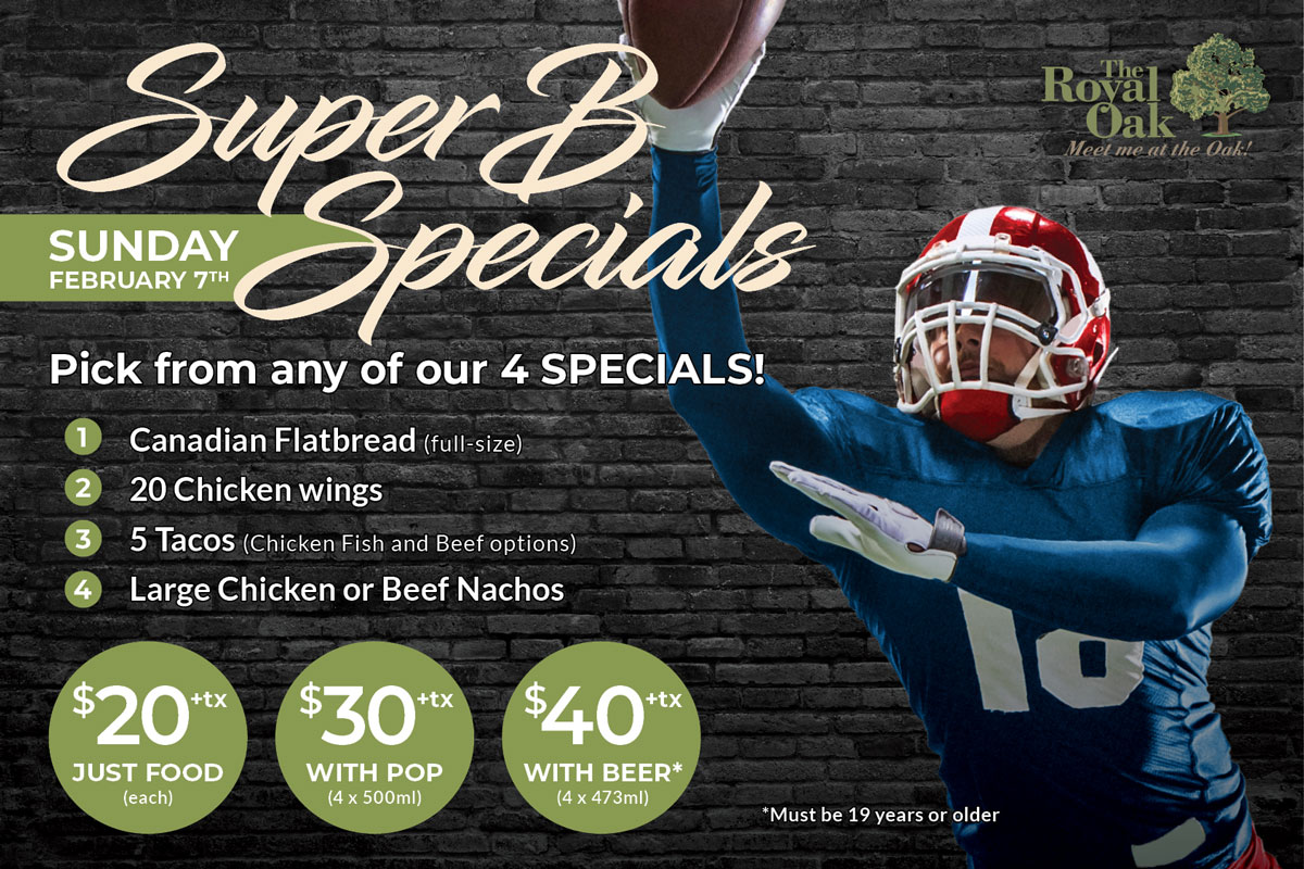 Tomorrow's the BIG GAME! Will your snack table be ready? 🏈🍽️
We're offing 4 Super B Specials for pick-up. Pre-order recommended. CALL YOUR LOCAL OTTAWA PUB TO ORDER! 

*15% off pick-up discount does not apply. Not available through Skip. Bank St. locations currently unavailable