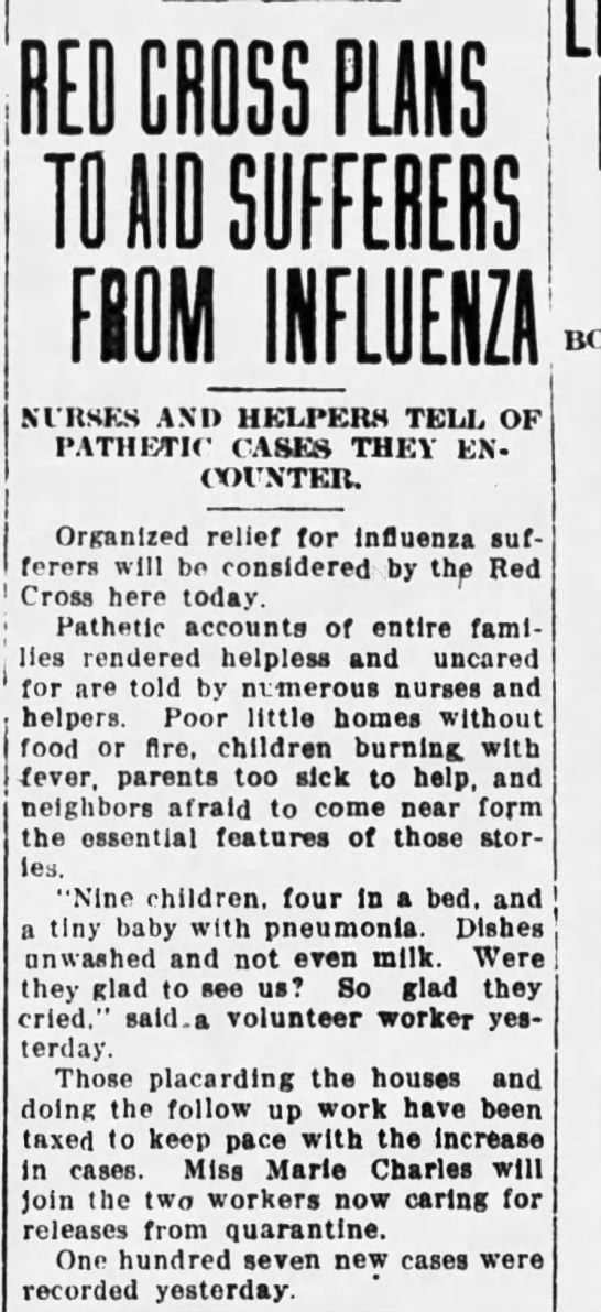 The work of the Red Cross continued. Door to door canvassing for funds had to be stopped due to the pandemic, and the Red Cross still needed volunteers.(Eau Claire Leader-Telegram, 12/13/1918)