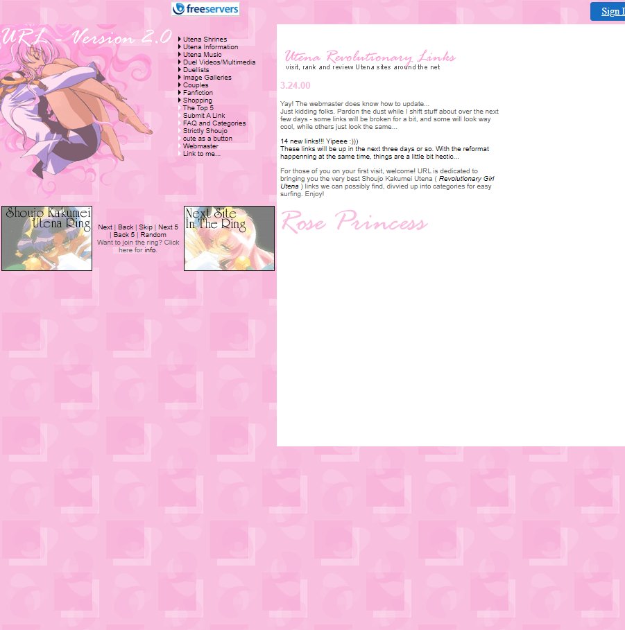 There was also URL: Utena Revolutionary Links, which is amazingly STILL UP. This is a good capture of what the Utena fandom website culture looked like right before I started Empty Movement!  http://utena.iwarp.com/ 