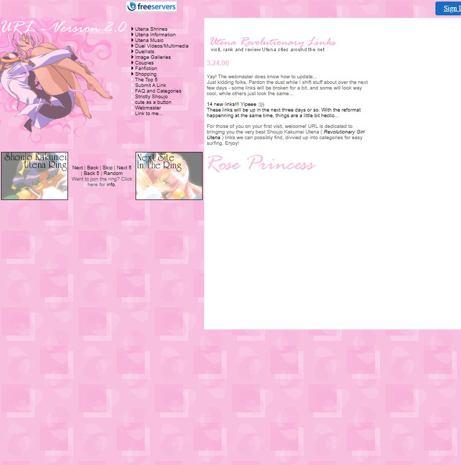 There was also URL: Utena Revolutionary Links, which is amazingly STILL UP. This is a good capture of what the Utena fandom website culture looked like right before I started Empty Movement!  http://utena.iwarp.com/&nbsp;