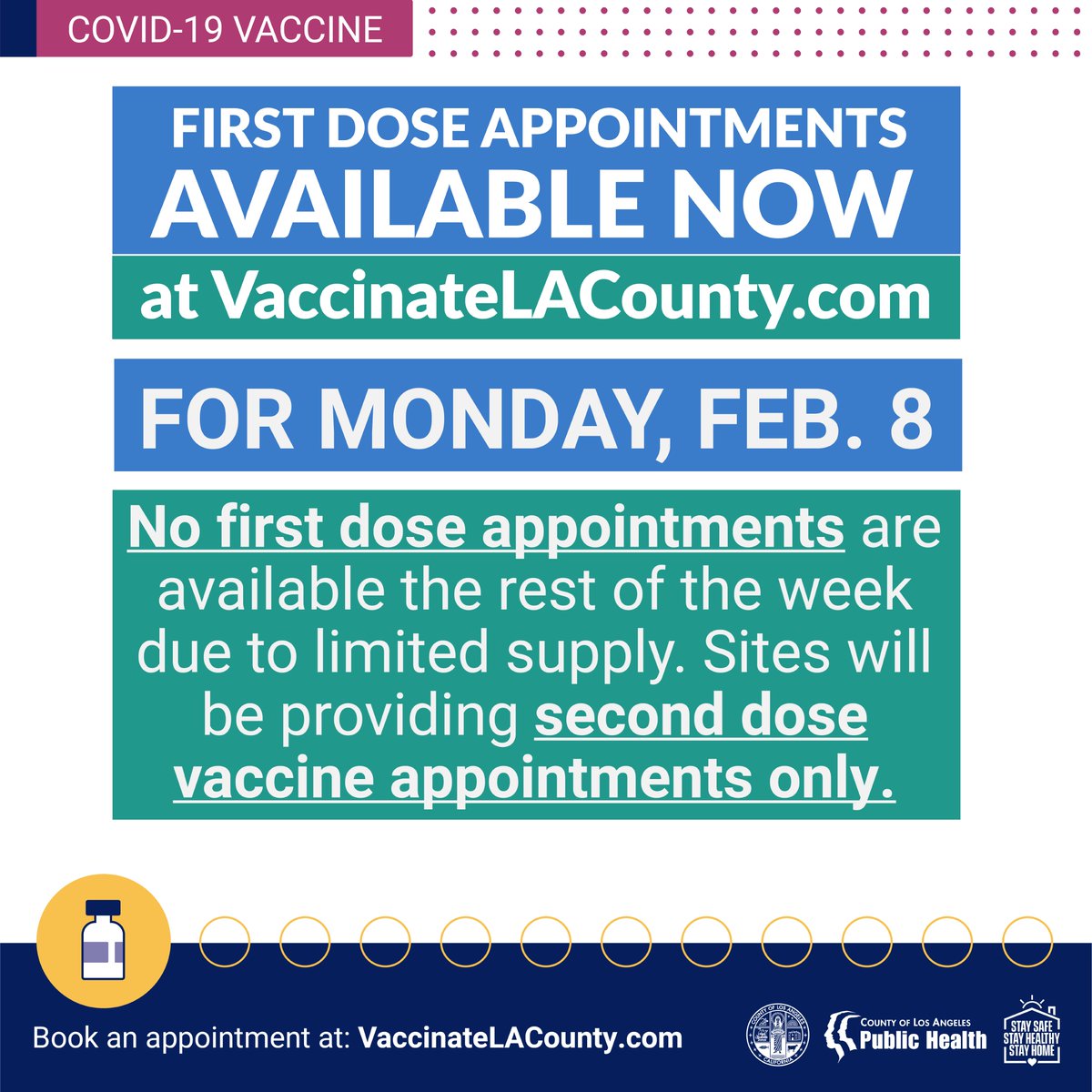 lapublichealth's tweet photo. First Dose Appointments Available Now at https://t.co/UVkFi7cEUy for Monday, Feb. 8.

No first dose appointments are available the rest of the week due to limited supply. Sites will be providing second dose vaccine appointments only. https://t.co/RzH5VUoaXF