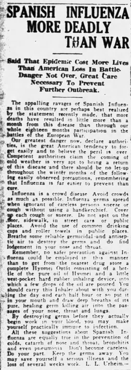 Advertisements for questionable remedies were placed among appropriate precautions and treatments. This author recommended breathing some reliable germicidal and antiseptic air to destroy germs. (Eau Claire Leader-Telegram, 12/13/1918) (The Gazette, Stevens Point, 12/18/1918)
