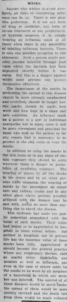 This pro-mask article claims that wearing a mask allows one to avoid all risk of contracting influenza. (Wausau Daily Herald, 12/13/1918)