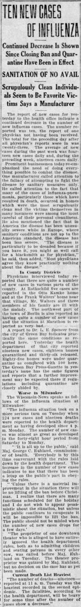 As Christmas neared, people in Wausau began to worry that the ban would not be lifted before the holidays. It seemed to area businessmen that being sanitary and clean was no protection from the disease. (Wausau Daily Herald, 12/18/1918)