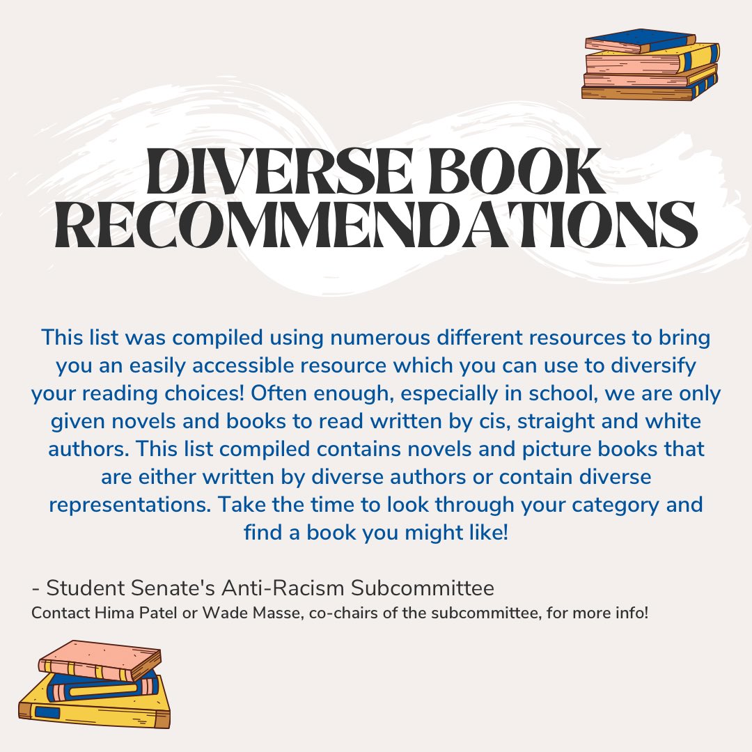 Here is the link to view Student Senate’s Anti-Racism Subcommittee’s diverse book recommendations list. Happy reading! 

docs.google.com/document/d/101…