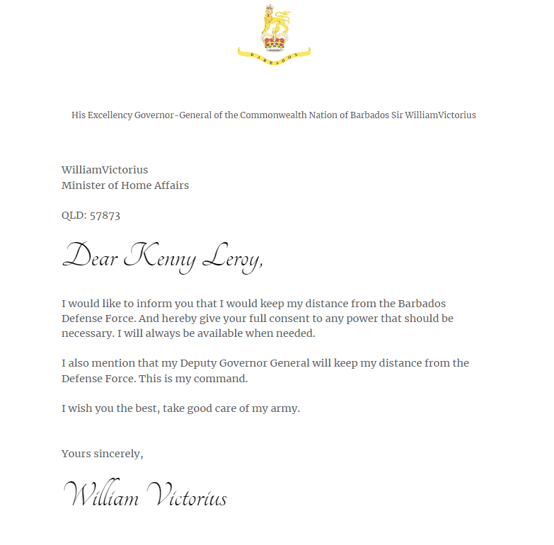 WVbarbados's tweet photo. The Governor-General has discharged himself as Chief of Staff of the Defence Force. He also ordered the Deputy Governor-General to focus on other departments. He wrote the new chief of Staff the best of luck. https://t.co/hFHNmqN72B
