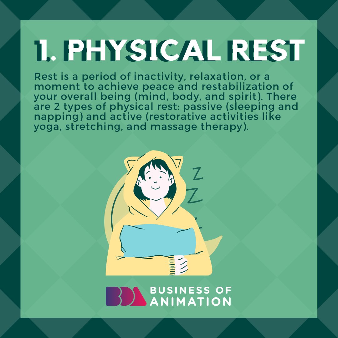 animationbiz's tweet photo. According to Saundra Dalton-Smith, M.D., "Rest should equal restoration in seven key areas in your life." Here are 7 types of rest every motion designer needs:

1. Physical Rest
2. Mental Rest
3. Sensory Rest

#TypesOfRest #SelfCareForCreatives #AnimatorLife #AnimatorsLife

1/3 https://t.co/QlEm3WjwFV