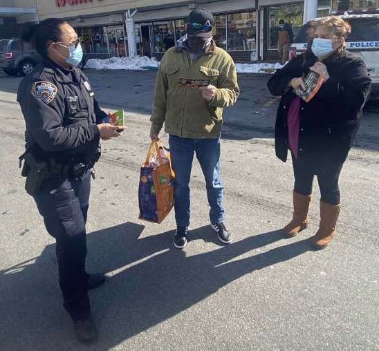NYPD100Pct's tweet photo. Our Sector A Police Officers were out distributing pamphlets today at the local shopping center. They were informing drivers and pedestrians on #VsionZero traffic safety. WATCH for turning vehicles. Left turns are the leading cause of pedestrian related collisions. https://t.co/ok9t1Xt62q