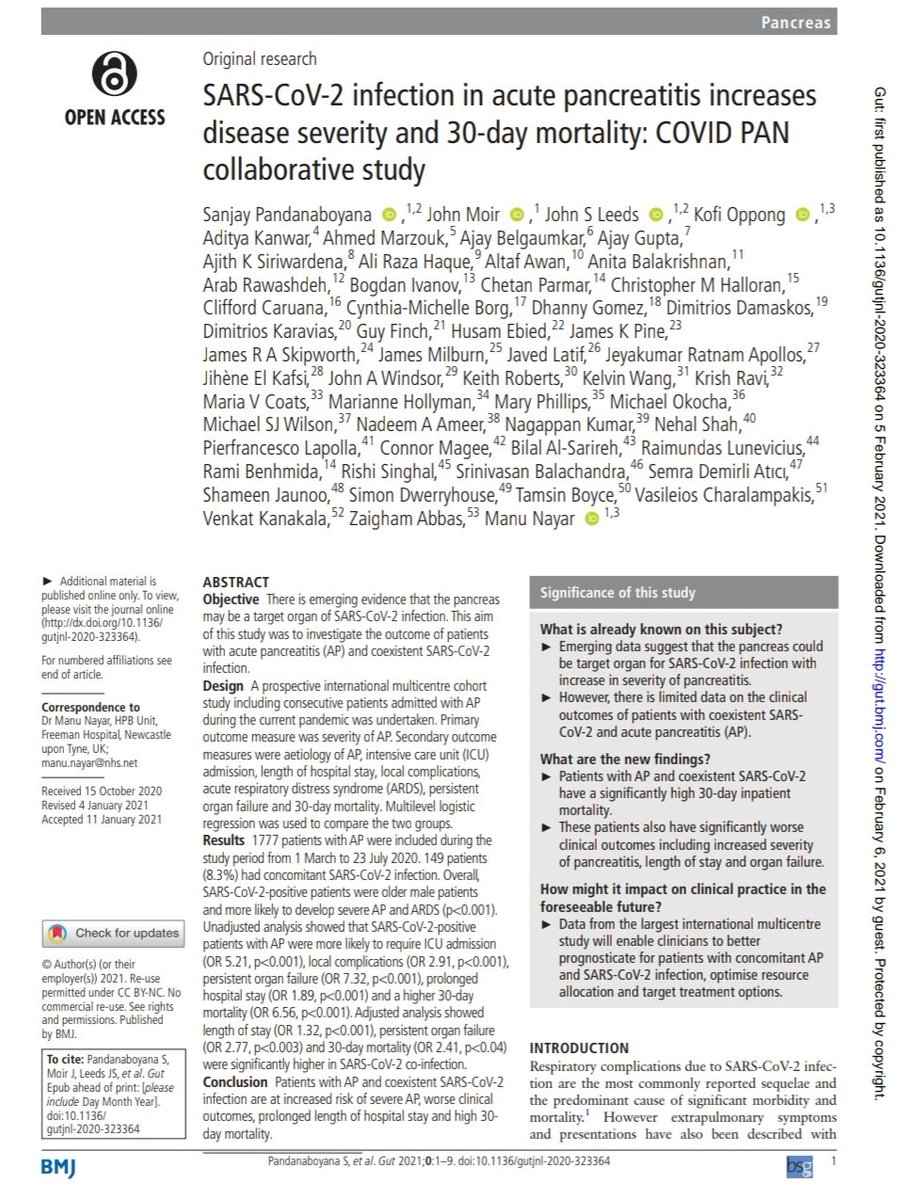 Pleased to have contributed to this study on #AcutePancreatitis & #SARSCoV2 published in @Gut_BMJ. #C19 has taught us the value of #collaboration.@T4UGIS @roux_group @asgbi @bariatricBOMSS @LondonGenSurg @WhitHealth @WhitResearch @IfsoSecretariat @ASMBS @markataylor16 @mageefrcs