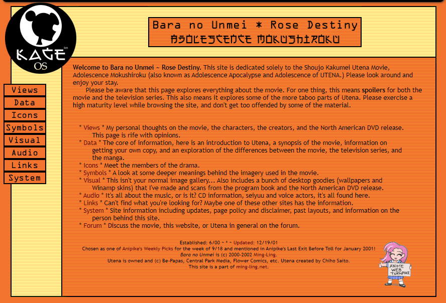 Bara no Unmei focused entirely on the movie, and basically meant I could ignore it, thanks thank you yes Notable for one of the better aged layouts, most design-heavy sites from the era assumed a specific resolution and designed around it. https://web.archive.org/web/20030624151931/http://www.ming-ling.net/utena/main.html