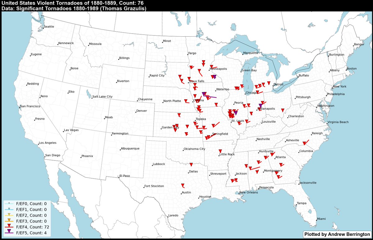 Thread: As an avid tornado history guy, I've always marveled at  @sigtor2019's work in documenting tornadoes. I've wondered how they would look plotted on a map. So that's what I did, for all 643 F4+ tornadoes in the 1880-1949 period. Plotted by decade starting w/ 1880-1889. 1/20