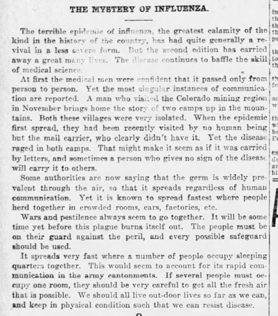 People ponder the mystery of influenza appearing in places with little to no contact with the outside world, like a mining town in Colorado. (Sheboygan Press, 01/02/1919)