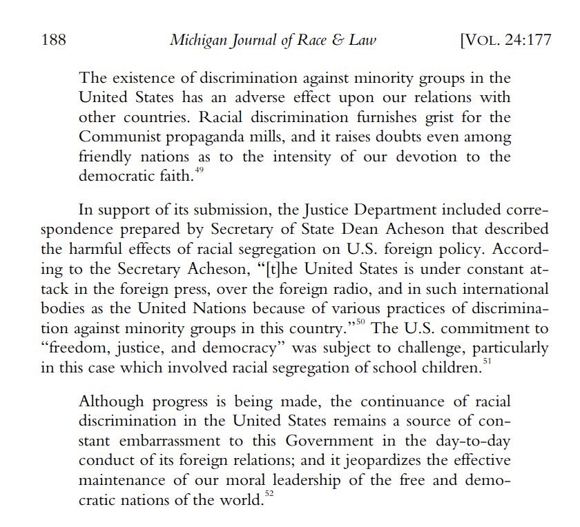 First, racism being exploited as a national security vulnerability, even by Russia, is not new.  @TheJusticeDept articulated this extremely well in 1959 in an Amicus Brief for the U.S. during Brown v. Board of Education. Our government was hip to this way back then.